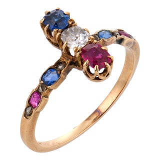19th Century Victorian Ruby Sapphire Diamond 14k Yellow Gold Ring, Size 5.75 For Sale