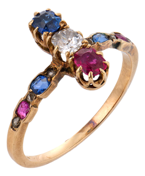19th Century Victorian Ruby Sapphire Diamond 14k Yellow Gold Ring, Size 5.75