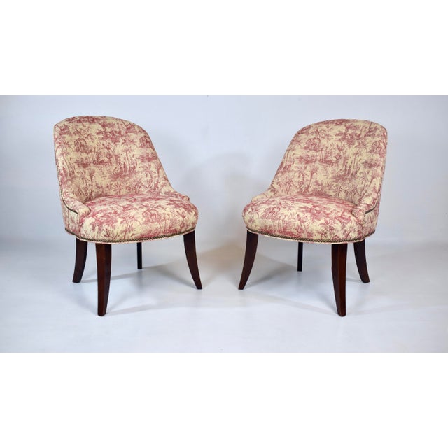 Yellow Modern Slipper Chairs in French Country Toile Upholstery For Sale - Image 8 of 9