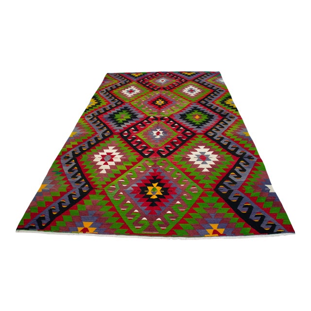 Turkish Rug Hand Woven Oushak Kilim Area Rug - 5′10″ X 10′2″ For Sale