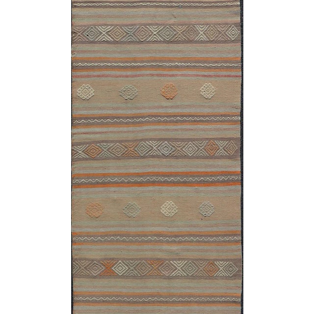 Tan Mid 20th Century Vintage Turkish Flat-Weave Kilim in Muted Colors With Stripes and Embroideries For Sale - Image 8 of 12
