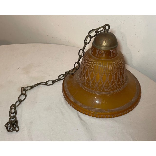 1940s Large Art Deco Cameo Amber Glass Brass Hanging Fixture Electric Chandelier For Sale - Image 10 of 10