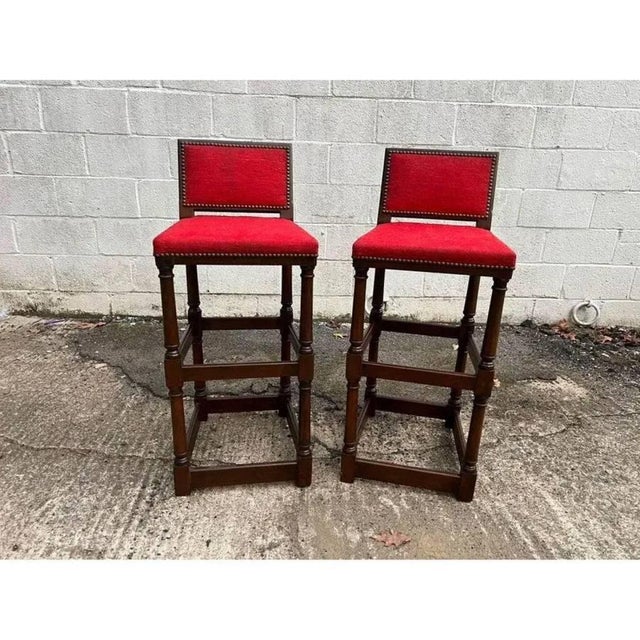 Pair of Vintage Jacobean Style Hardwood Upholstered Bar Stools. For Sale - Image 4 of 10