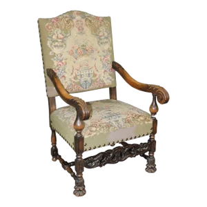 Carved Walnut English Victorian Tall Back Needlepoint Upholstered Throne Chair
