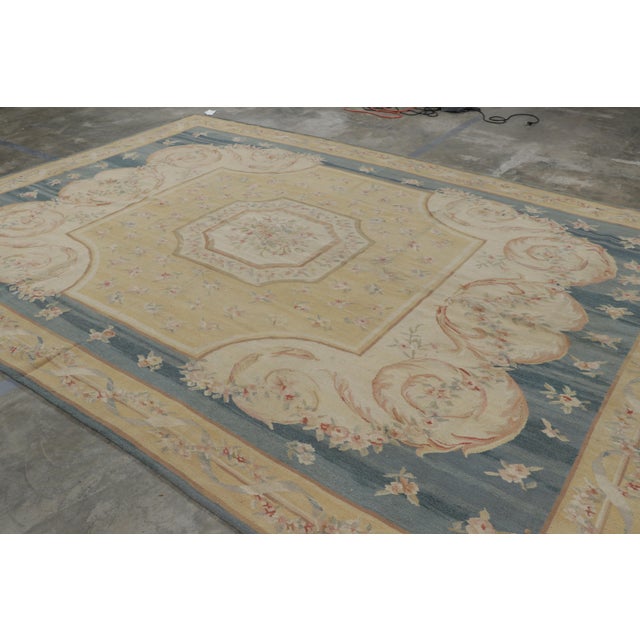 Transitional Rug & Kilim’s Aubusson Style Rug in Blue and Cream With Floral Medallion For Sale - Image 3 of 7