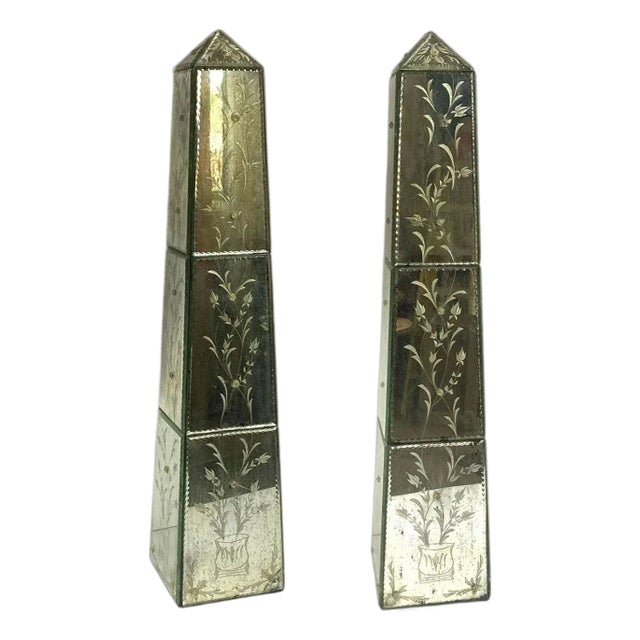 Pair of Vintage Italian Venetian Etched Mirrored Obelisks For Sale