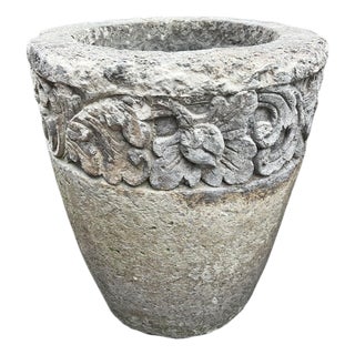 Vintage Java Rustic Floral Cement Planter For Sale