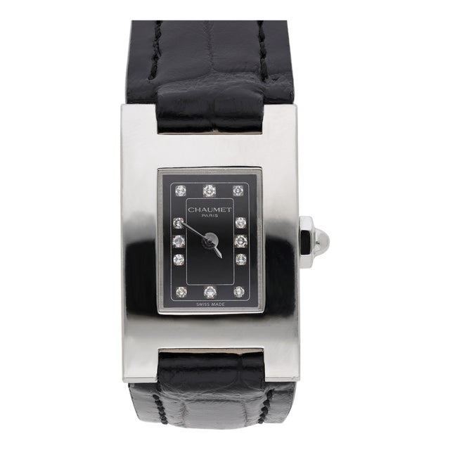 Vintage Chaumet Still De Chaumet Diamond Dial Steel Quartz Black Strap Watch For Sale