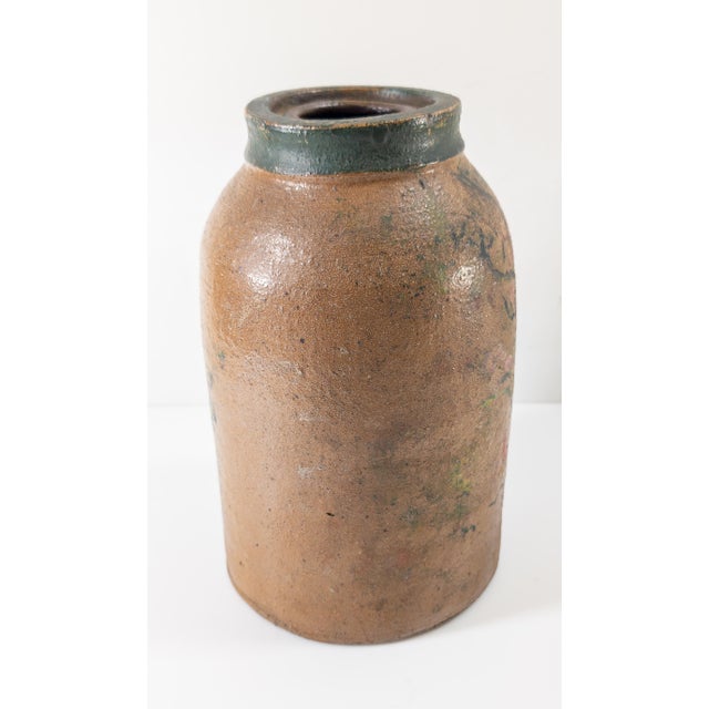 19th Century Rustic Farmhouse Redware Stoneware Jug With Painted Parrot For Sale - Image 4 of 9
