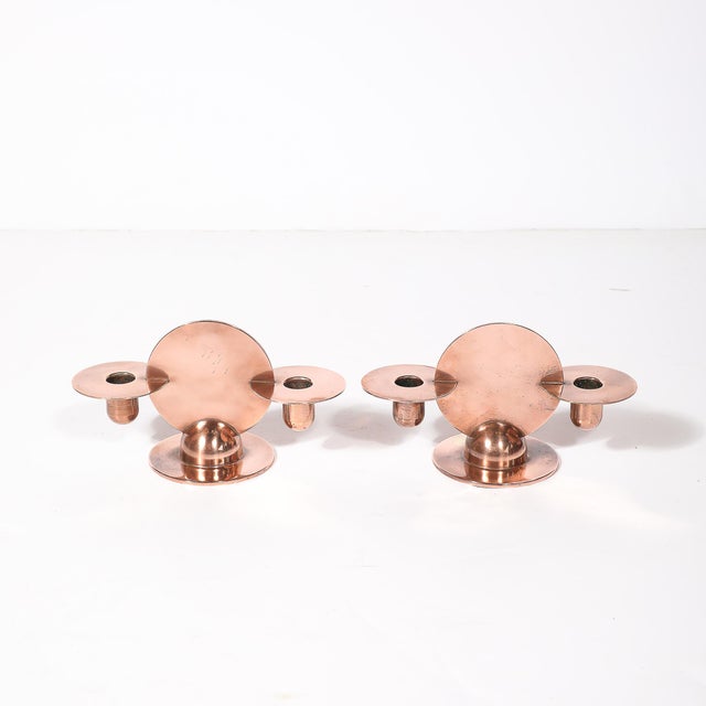 1930s Pair of Art Deco Copper Candlestick Holders by Walter Von Nessen Signed Chase For Sale - Image 5 of 17