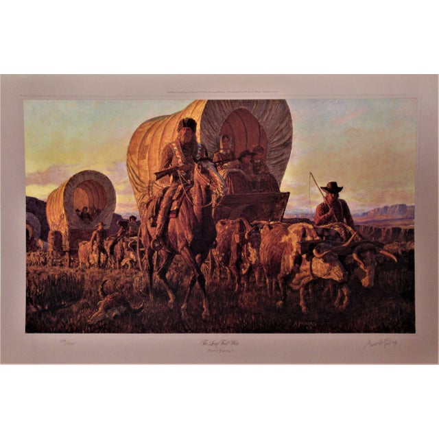 This artwork titled "TheLong Trail West" c.1980 is a color offset lithograph by renown western artist Arnold Friberg,...