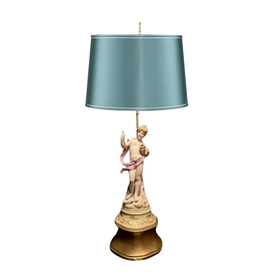 Mid-Century Porcelain Cupid Figural Table Lamp, Lenwile China