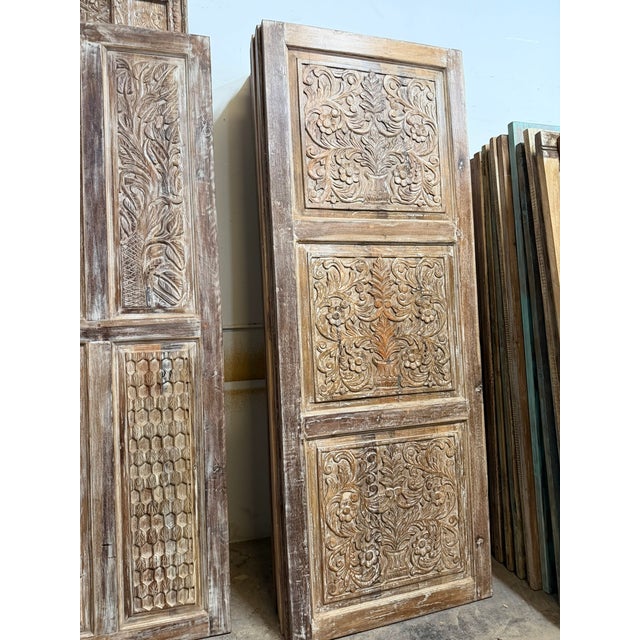 Mid-Century Modern Antique Floral Carved Barn Door – Distressed Wood Sliding or Hinged Statement Door 96x36 For Sale - Image 3 of 7