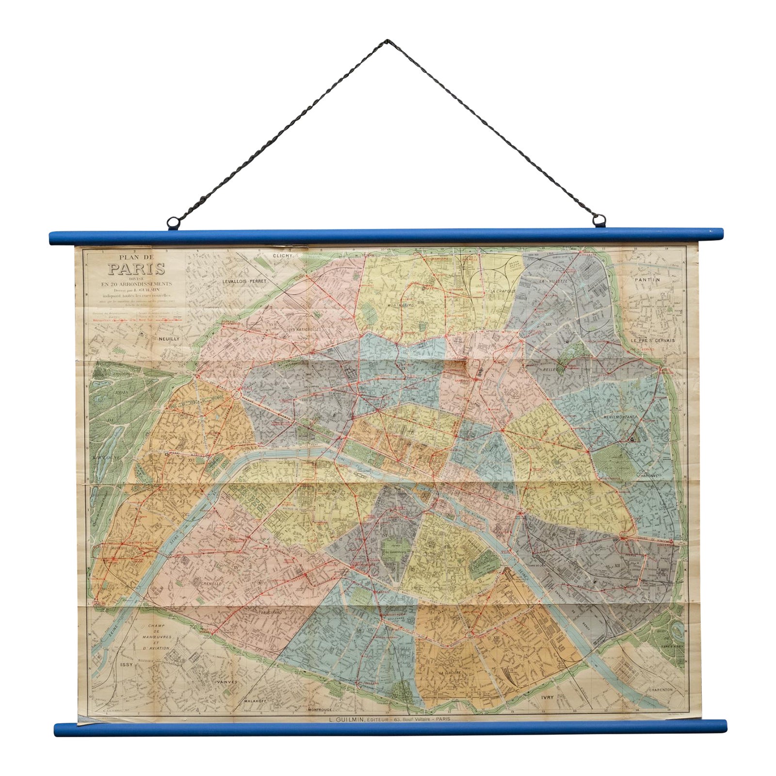 Early 20th C. Plan of Paris Map Hanging Scroll c.1920 | Chairish