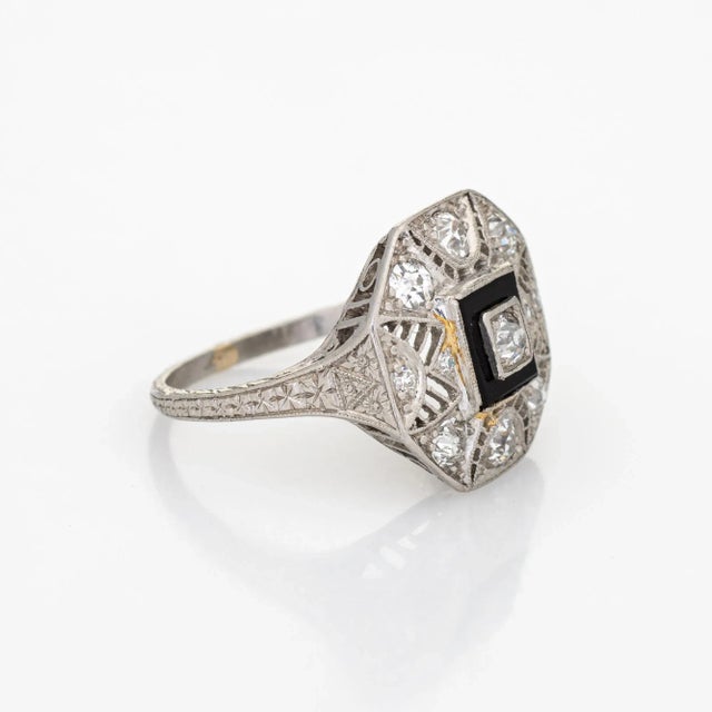 Art Deco Vintage Art Deco Diamond Onyx Ring Platinum Filigree Octagon Jewellery size 4.75 For Sale - Image 3 of 7