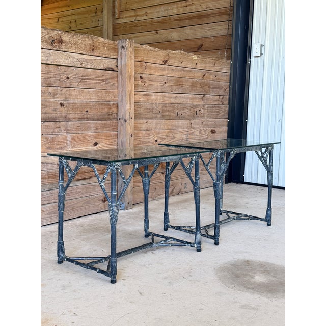 Pair Vintage Coastal Faux Bamboo Aluminum Side Tables With Glass Tops For Sale In Naples, FL - Image 6 of 12