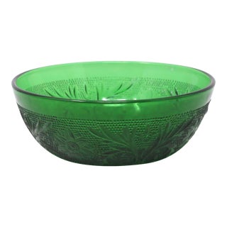 Vintage Green Floral Pressed Glass Bowl For Sale