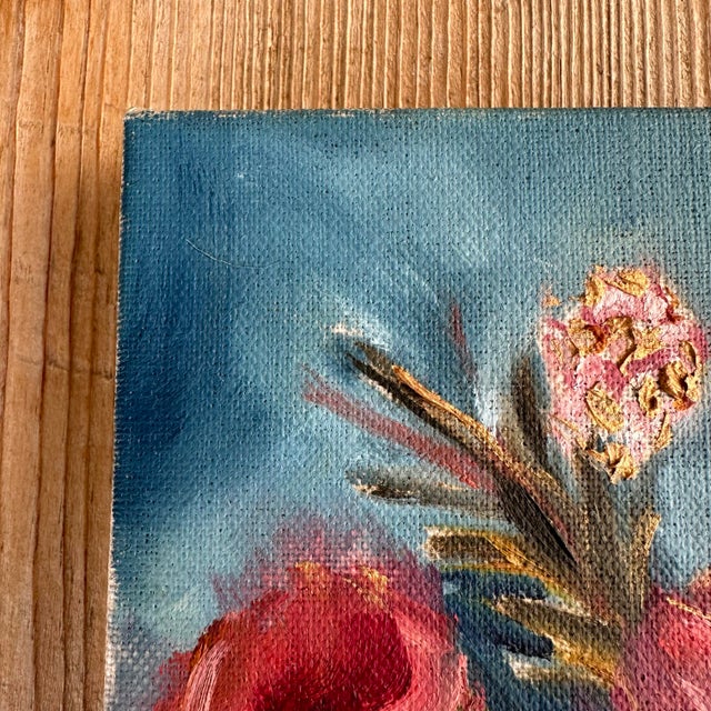 A classic contemporary whimsical rose painting. Golden Teal Small Contemporary Floral oil painting. 8x8. Mid century and...