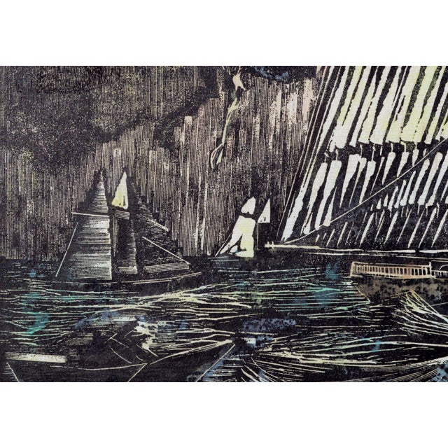 1960s "Schooner + Doryman" First Edition Hand-Colored Woodblock Print by Byron Randall For Sale - Image 5 of 6