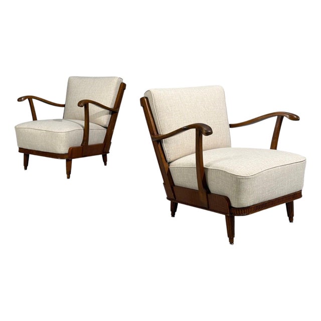 Svante Skogh, Lounge Chairs, Beige Linen, Beech, Sweden, 1945 For Sale