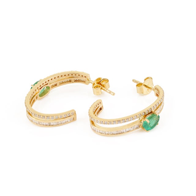 Green Emerald & Diamond Double Row Art Deco Hoop Earrings in 14k Yellow Gold- A Pair For Sale - Image 8 of 13