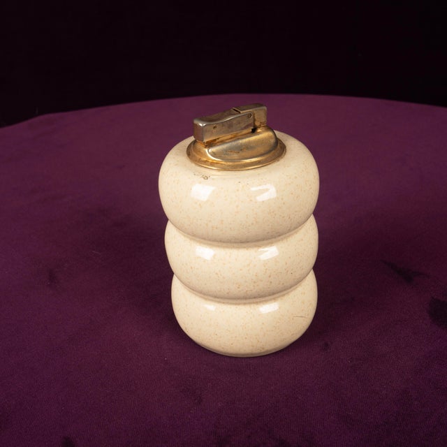 Cream Speckled Ceramic and Brass Table Lighter by Tommaso Barbi, 1970s For Sale - Image 13 of 15