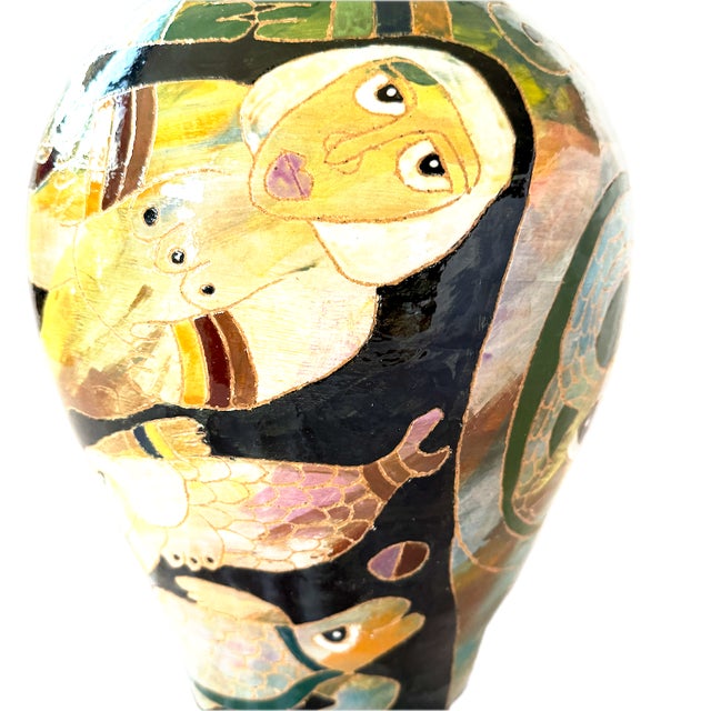 Washington Ledesma Hand-Crafted 23.5” Vase/Pottery Signed 1993 Whimsical Folkloric Motif For Sale - Image 4 of 9