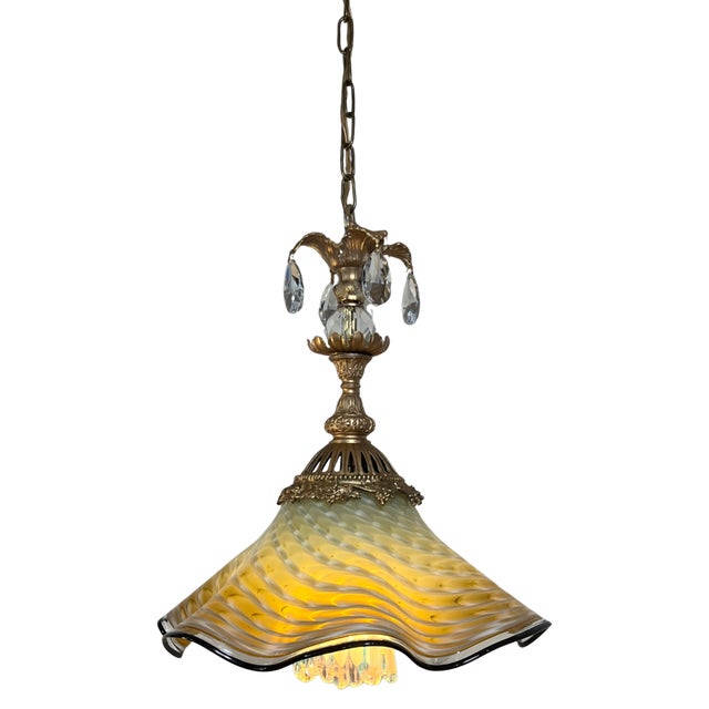 Amber Antique Murano and LaChaussee Art Glass Shades Ormolu Metal Pendant Light For Sale - Image 8 of 18