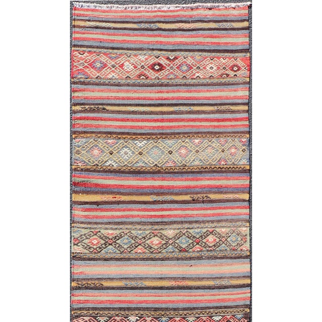 Mid 20th Century Vintage Turkish Kilim With Horizontal Stripes and Tribal Motifs in Bright Tones For Sale - Image 5 of 11