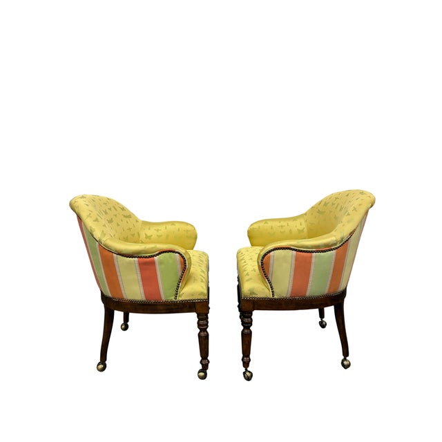 Traditional Pair of Century Furniture Model 3277 “Gentleman’s” Upholstered Game Chairs With Brass Casters For Sale - Image 3 of 12