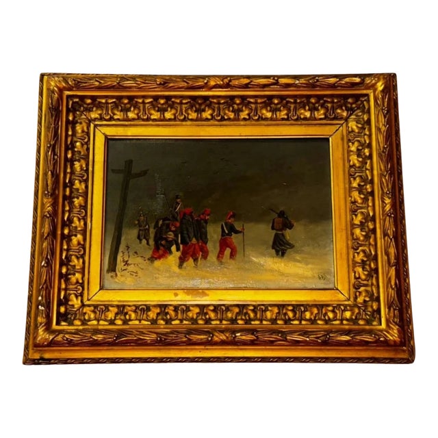 19th Century Soldiers in a Winter Scene, Signed Oil on Wood, For Sale