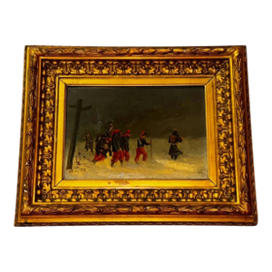 19th Century Soldiers in a Winter Scene, Signed Oil on Wood,