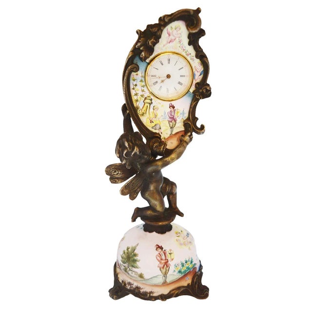 Miniature Austrian Enamel Sterling Silver & Bronze Desk Clock For Sale - Image 13 of 13