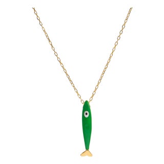 Spirit Fish Green Enamel Gold Necklace For Sale