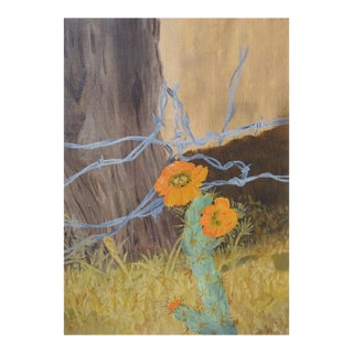 Vintage Rustic Flowering Cactus Painting For Sale