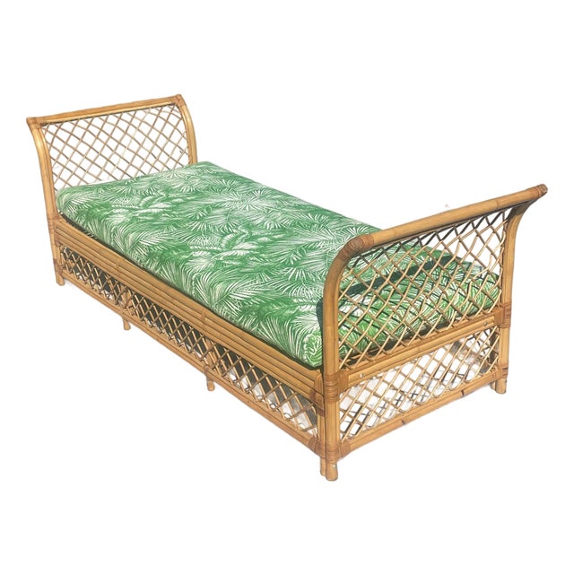 Vintage Rattan Bamboo Daybed With New Schumacher Print Cushion For Sale