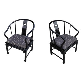 Late 20th Century James Mont Style Black Lacquer Horseshoe Frame Accent Chairs - Pair For Sale