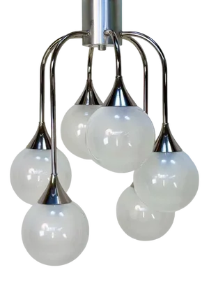 Italian Space Age Chromed Steel and Globe Milk Glass 6-Light Chandelier, 1960s