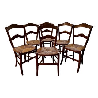 Early 20th Century Vintage French Cherrywood Rush Dining Chairs- Set of 6 For Sale