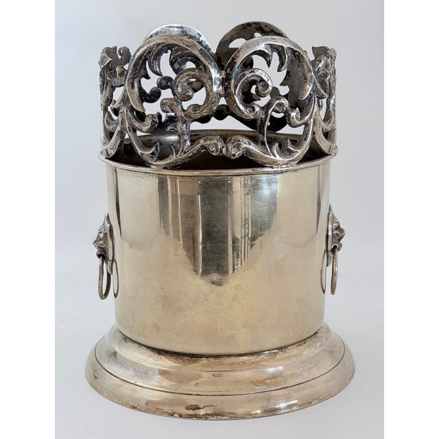Silver on Brass Wine Bottle Holder or Coaster With Lions Head Ring Handles For Sale - Image 11 of 11