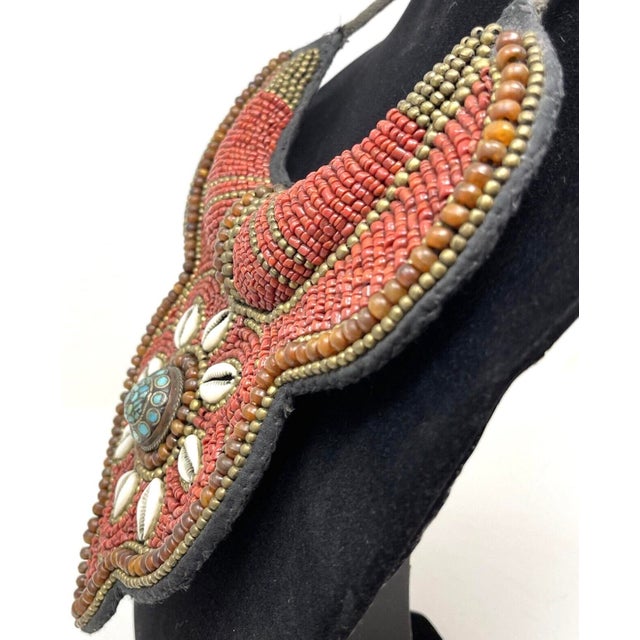 Salmon 1970s Tibetan Beaded Bib Collar Necklace, Coral, Turquoise, Cowrie Shells For Sale - Image 8 of 11