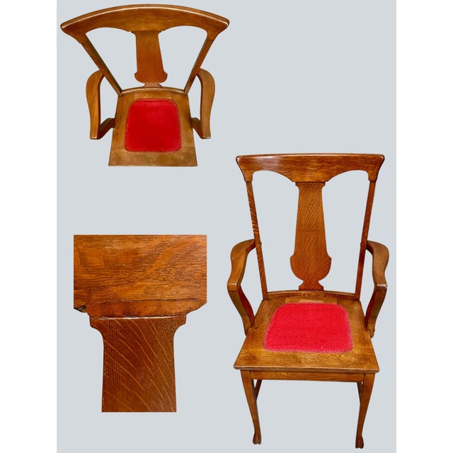 Antique Tiger Oak Arm Chair-Arts Crafts Mission-Red Seat-C1900-Wood-Desk-Accent For Sale - Image 11 of 11