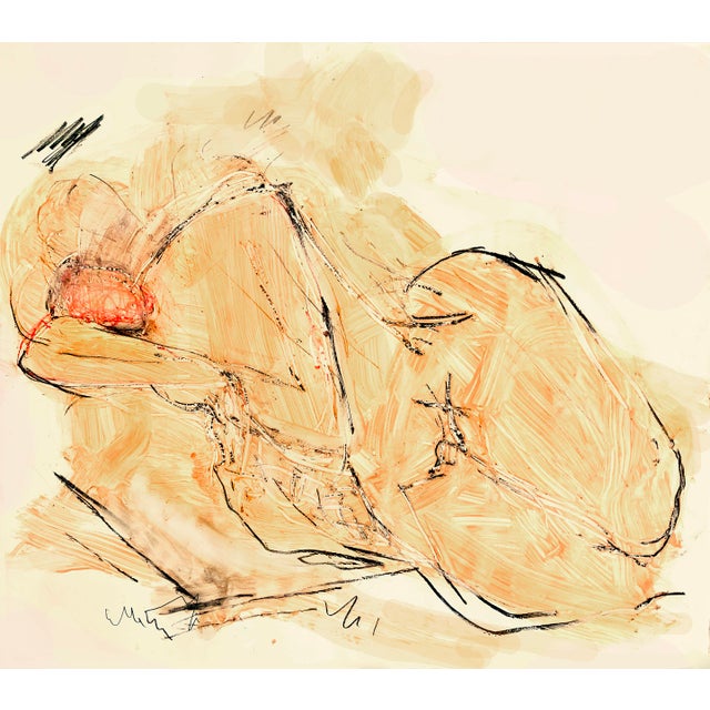 Contemporary Apricot-Salmon Color Reclining Figure Painting in Textured Form on Paper For Sale - Image 3 of 6