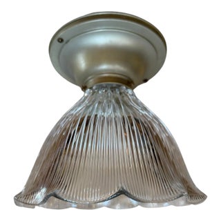 Antique Silver Flushmount With Fluted Halophane Shade For Sale