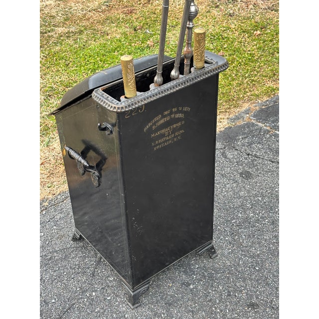 Late 19th C. Chinoiserie Shepard & Co. Antique Hand Painted Brass Trim Coal Scuttle With Integrated Fireplace Tools For Sale - Image 10 of 17