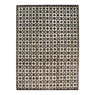 10x14 Black Hand-Knotted Wool Linked Quatrefoils Geometric Modern Carpet Rug For Sale