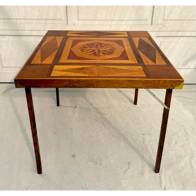 1970s Vintage Handcrafted Folding Game Table With Marquetry Compass Star Top For Sale - Image 5 of 12