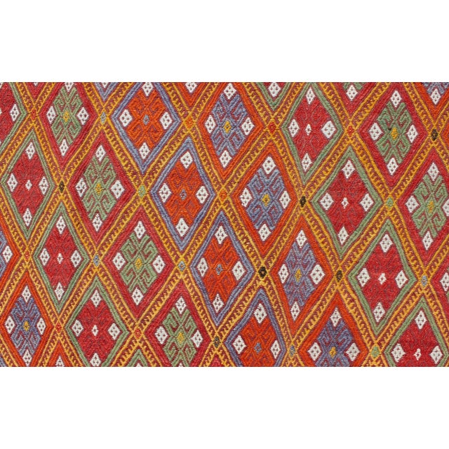 Mid 20th Century Vintage Turkish Embroidered Jijim Kilim With All-Over Diamond Design in Bright Colors For Sale - Image 9 of 13