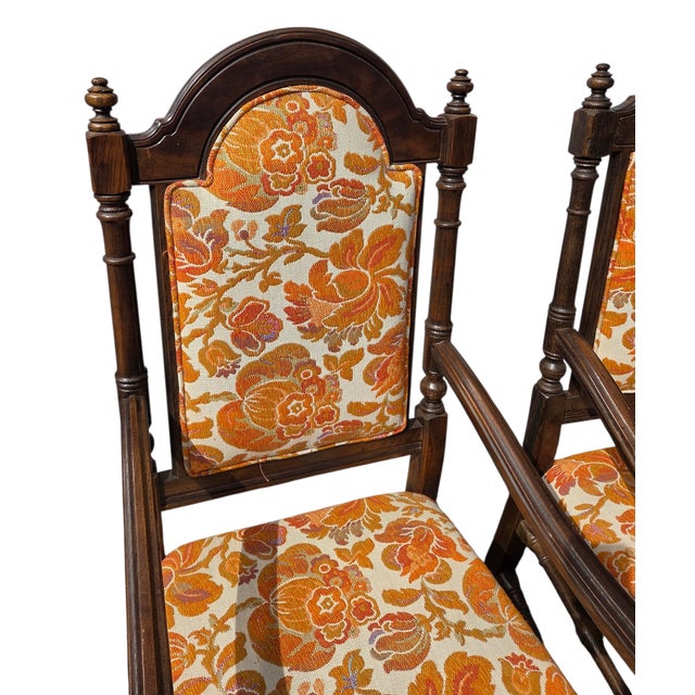 1970s Ethan Allen Jacobean Royal Charter Oak Dining Room Armchairs Gothic Pair For Sale - Image 9 of 14