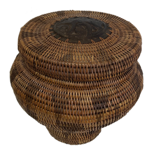 Mid 20th Century Vintage Indonesian Coiled Rattan Basket With Carved Wood Lid